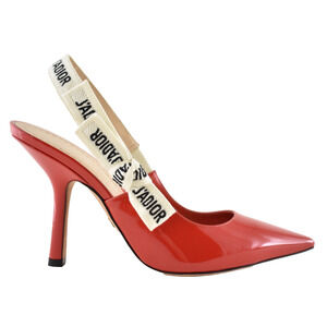 Dior J'adior Red Patent White Black Ribbon Logo Slingback Pump Sandal Heel 36